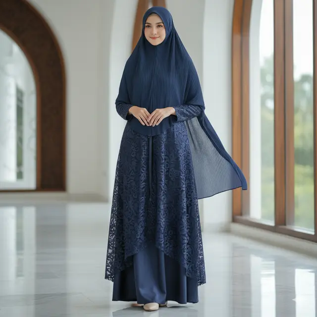 Wanita mengenakan abaya navy (Gemini AI)