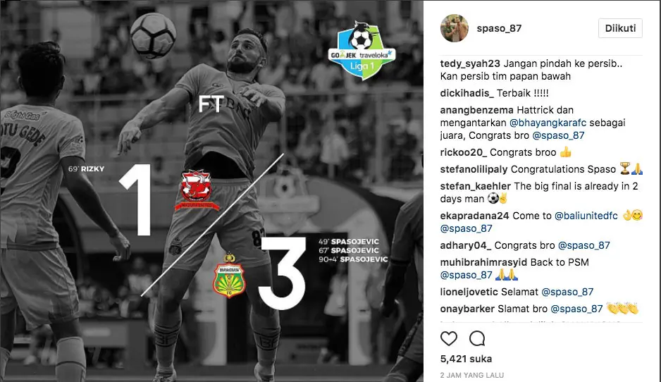 Stefano Lilipaly mengucapkan selamat pada Ilija Spasojevic dalam akun Instagram Spaso. (Bola.com/Instagram)