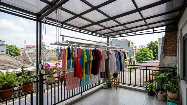 Penutup Balkon dengan Atap dan Jemuran Gantung
