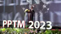 Menteri Luar Negeri RI Retno Marsudi dalam Pernyataan Pers Tahunan Menteri Luar Negeri 2023 (PPTM 2023). (Liputan6.com/R. Trimutia Hatta)