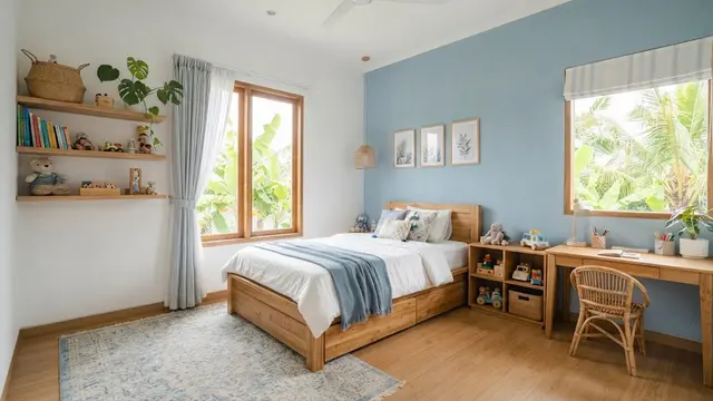 Kombinasi warna cat untuk rumah bergaya Japandi yang tampilannya bikin mood keluarga jadi tenang model putih dan biru lembut