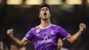 Pemain muda Real Madrid, Marco Asensio, sedang menjadi topik pembicaraan hangat saat ini. Pasalnya pria berusia 21 tahun itu mampu bermain apik dan mencetak gol di laga penting Real Madrid. (AFP/Javier Soriano)
