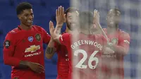 Pemain Manchester United merayakan gol yang dicetak Bruno Fernandes ke gawang Brighton pada laga Premier League pekan ke-32 di Stadion Falmer, Rabu (1/7/2020) dini hari WIB. Manchester United menang 3-0 atas Brighton. (AFP/Alastair Grant/pool)