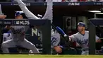 Pemain Los Angeles Dodgers, Cody Bellinger terjatuh setelah menangkap bola tembakan pemain Arizona Diamondbacks, Jeff Mathis saat pertandingan kelima dalam game 3 dari Divisi Liga Nasional baseball di Phoenix (9/10). (AP Photo/Rick Scuteri)