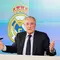 Presiden Real Madrid, Florentino Perez dalam konferensi pers di Madrid, 13 Mei 2026. (AP Photo/Bernat Armangue)