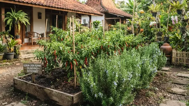 Tanaman rosemary sebagai pelindung kebun cabai