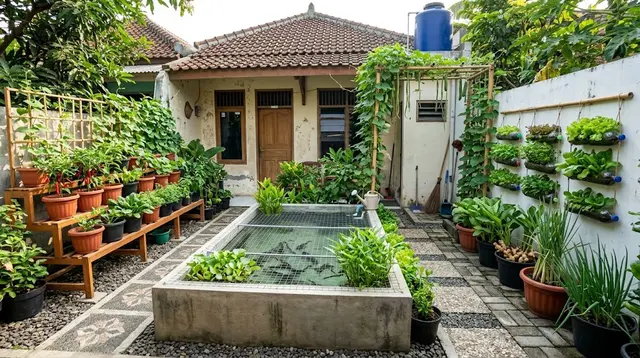7 Desain Pekarangan Rumah Kecil Produktif dengan Kolam Lele dan Sayuran