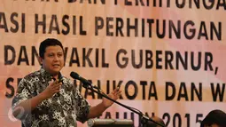 Ketua Bawaslu, Muhammad memberi sambutan saat pembukaan rapat koordinasi persiapan pilkada serentak di Hotel Royal, Jakarta, Sabtu (14/11/2015). Tujuan rakor untuk menyamakan pola pikir dan pola tindak seluruh pengawas pemilu. (Liputan6.com/Johan Tallo)