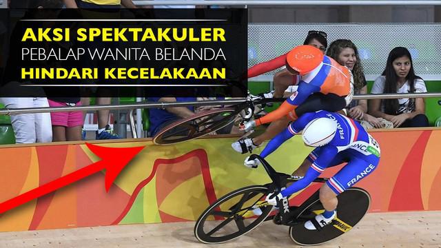 Video aksi spektakuler Laurine van Riessen pebalap wanita belanda naik ke pembatas lintasan untuk hindari kecelakaan beruntun di Olimpiade Rio 2016, Minggu (14/8/2016).