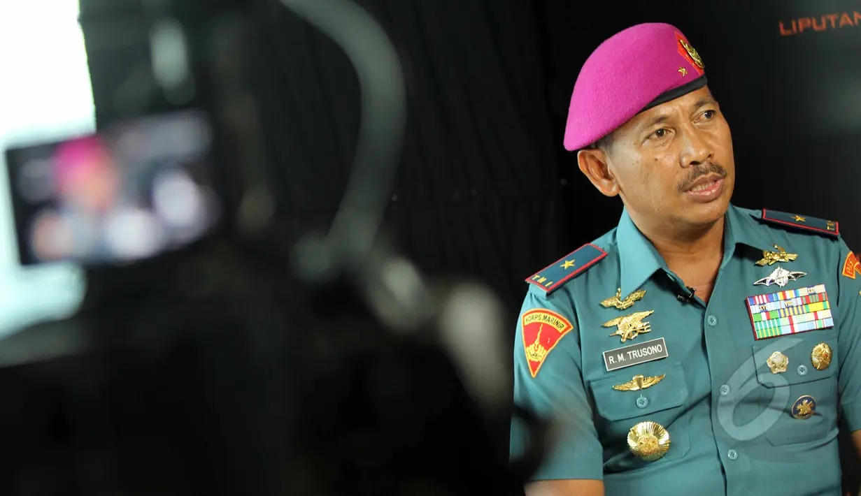 Komandan Pasukan Marinir 2 Brigadir Jenderal TNI (Mar) RM Trusono saat wawancara khusus dengan Liputan6.com, Jakarta, Rabu (13/5/2015). Trusono berbagi cerita tentang program save coral reef . (Liputan6.com/Helmi Afandi)