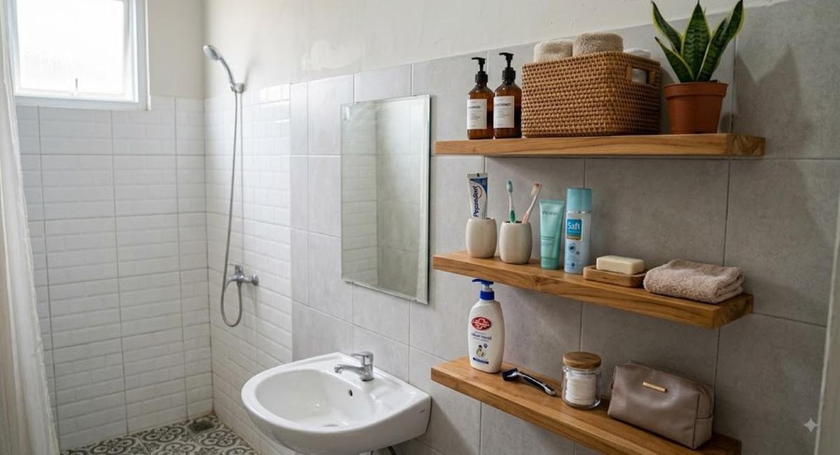 Model Rak Kamar Mandi untuk Menyimpan Banyak Barang Tanpa Terlihat Penuh (AI generated)