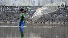 Seorang anak menjala ikan di area Bendung Katulampa, Kota Bogor, Jawa Barat, Senin (3/8/2020). Debit air sungai Ciliwung di Bendung Katulampa yang mengalami penyusutan sejak satu bulan terakhir dimanfaatkan anak-anak untuk bermain air dan layangan. (Liputan6.com/Helmi Fithriansyah)