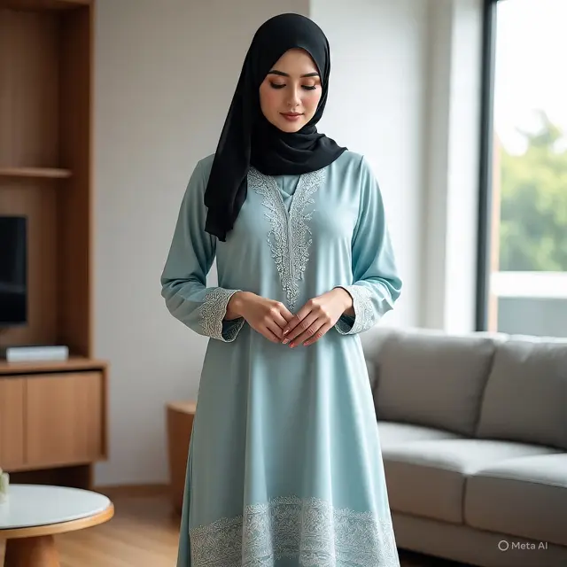 Ilustrasi Muslimah memakai Tunik (Created by Meta AI)