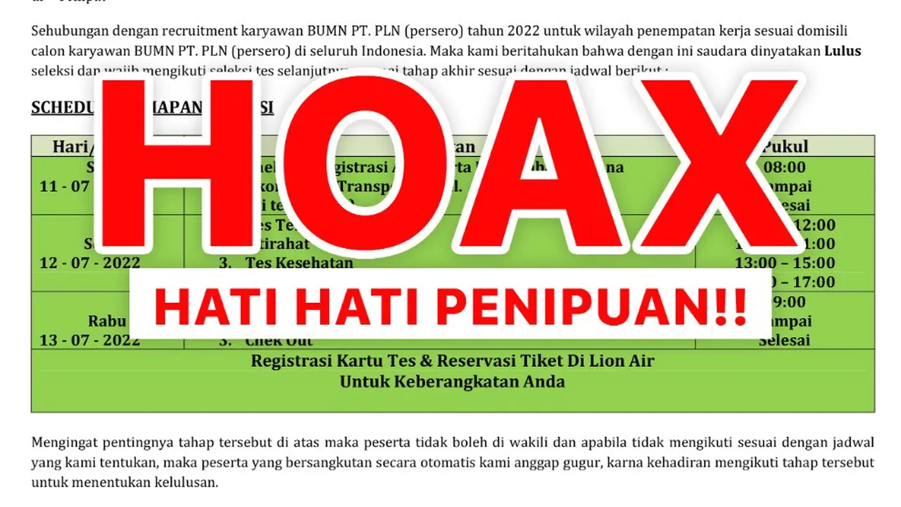 T PLN (Persero) mengimbau kepada para pelamar lowongan kerja untuk berhati-hati terhadap maraknya penipuan terkait rekrutmen karyawan yang mengatasnamakan PLN.