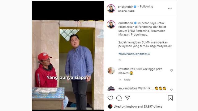 Menteri BUMN Erick Thohir menegur Direksi Pertamina soal layanan toilet di SPBU