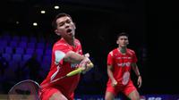 Ganda putra Indonesia Fajar Alfian/Muhammad Shohibul Fikri berlatih di Forum Horsens, Denmark, menjelang laga melawan Aljazair pada Grup D Piala Thomas 2026, Jumat (24/4) malam. (foto: PBSI)