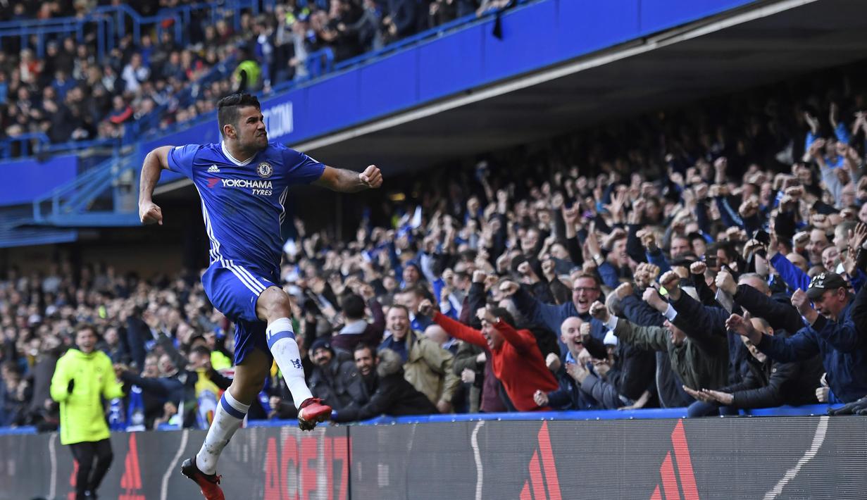 Selebrasi Diego Costa  usai menjebol gawang West Bromwich Albion pada laga Premier League di  Stamford Bridge, London, (11/12/2016). (AFP/Justin Tallis)
