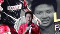 Pebulutangkis Indonesia, Liliyana Natsir, memberi sambutan pada pesta perpisahan dirinya di Istora Senayan, Jakarta, Minggu (27/1/2019). (Bola.com/Iqbal Ichsan)