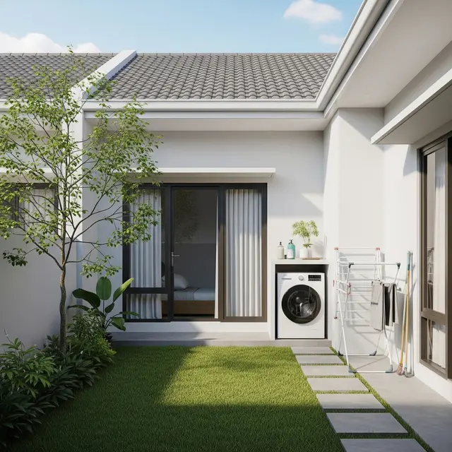 Contoh Rumah Kecil Type 30 dengan Taman Belakang dan Sudut Laundry yang Rapi