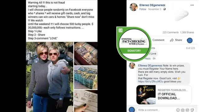 Muncul beberpa unggahan di Facebook yang menjanjikan akan memberikan hadiah kepada warganet yang konon disponsori oleh komedian dan host ternama Ellen DeGeneres.