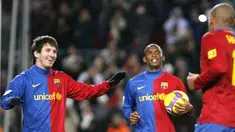Barcelona's Thierry Henry is congratulated by his teamate Lionel Messi and Samuel Eto'o during Liga match Barcelona vs Numancia at New Camp Stadium in Barcelona, on January 24, 2009. AFP PHOTO/JOSEP LAGO 