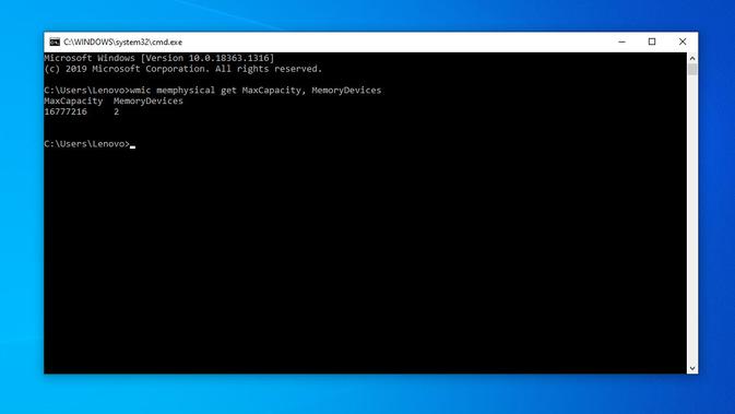 Mencari tahu kapasitas maksimal RAM di perangkat Windows lewat command prompt. Liputan6.com/Mochamad Wahyu Hidayat