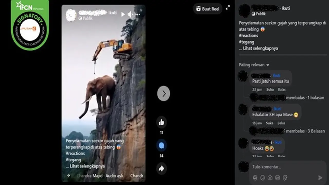 Gambar tangkapan layar video yang diklaim penyelamatan seekor gajah dari atas tebing. (sumber: Facebook)