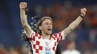 Ekspresi Luka Modric setelah mencetak gol ke gawang Belanda pada semifinal UEFA Nations League 2022/2023, Kamis (15/6/2023) dini hari WIB. (AP Photo/Peter Dejong)
