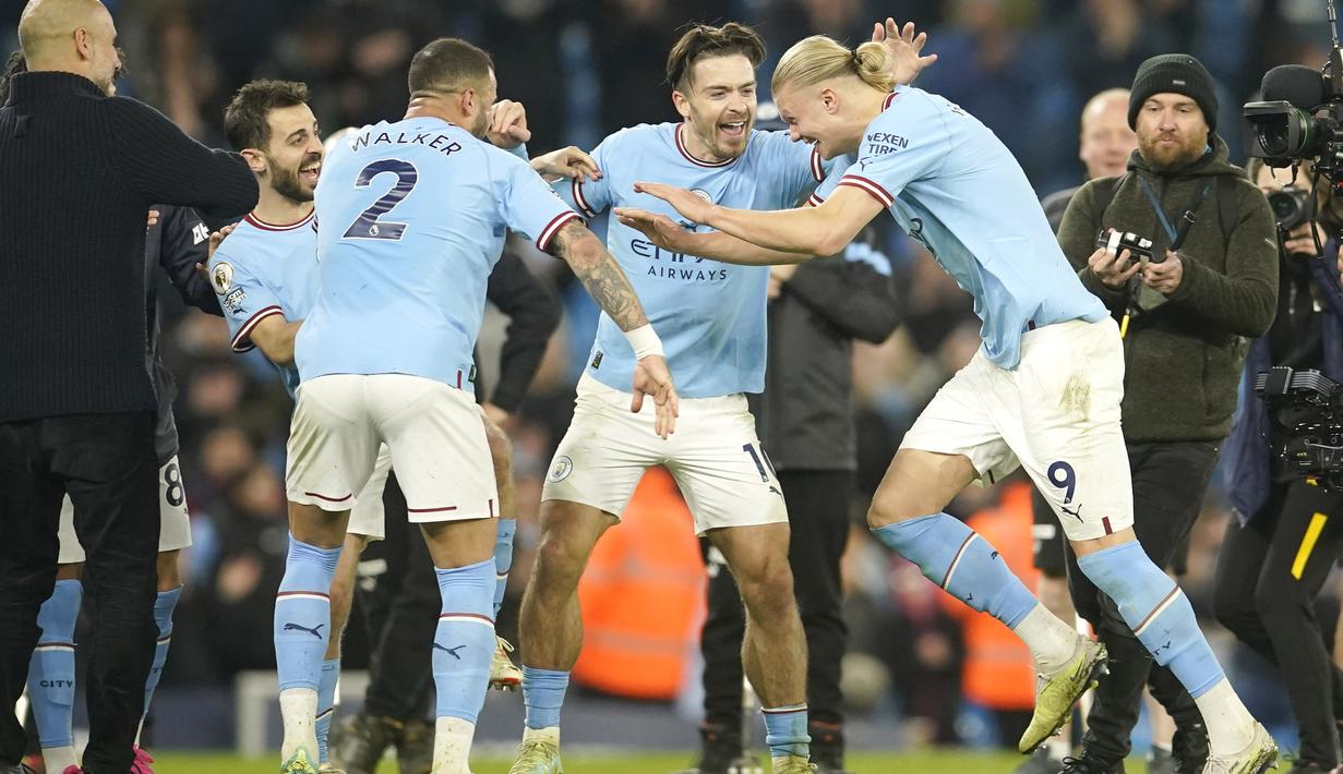 Erling Haaland menasbihkan diri sebagai penyerang dengan torehan gol terbanyak era Premier League. (AP Photo/Dave Thompson)