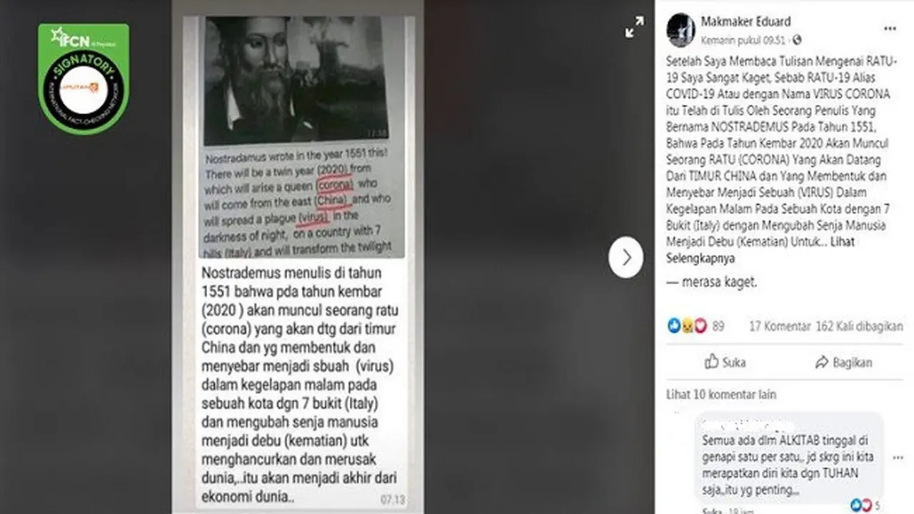 Gambar Tangkapan Layar Ramalan Nostradamus Tentang Virus Corona COVID-19