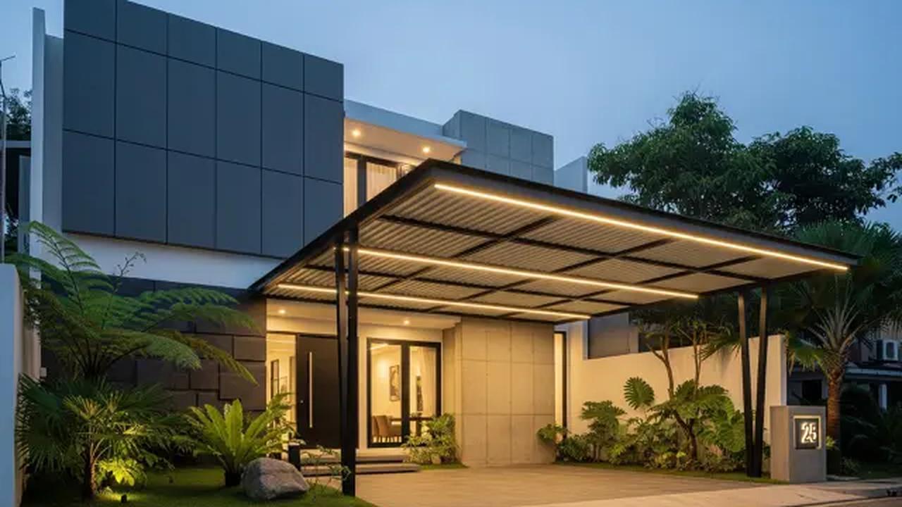 Kanopi Baja Ringan Flat dengan Finishing Hitam/rumah dengan carport baja ringan modern minimalis (Sumber: gemini.com)