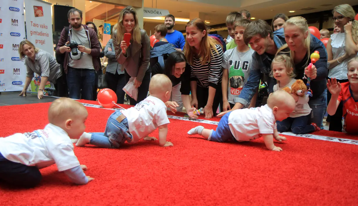 Sejumlah bayi merangkak saat mengikuti untuk memperingati Hari Anak Internasional di Vilnius, Lithuania, Kamis (1/6). Orang tua memberikan iming-iming benda kesukaan buah hatinya saat mengikuti lomba. (Petras Malukas/AFP)