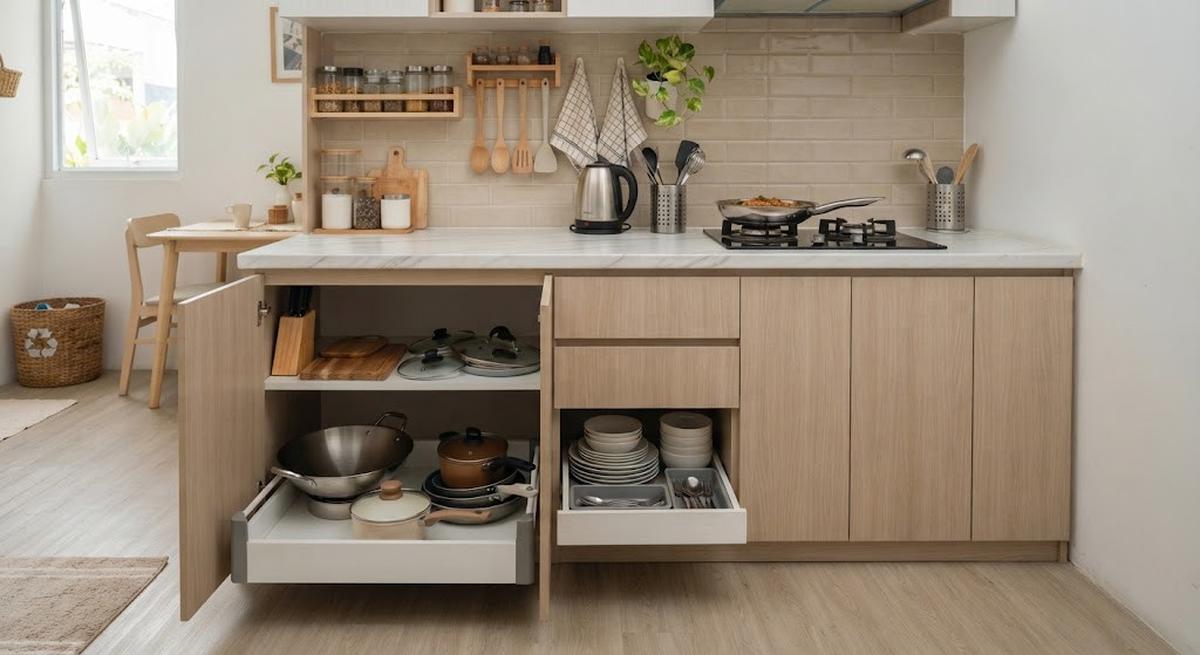 Tempat penyimpanan dapur minimalis modern yang cocok untuk rumah tipe kecil model kabinet bawah meja untuk peralatan masak
