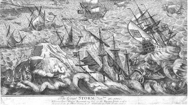 Ukiran Badai Besar di Goodwin Sands tahun 1703  (wikimedia commons)