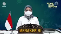 Menteri Ketenagakerjaan Ida Fauziyah saat apel dan doa bersama secara virtual yang diikuti oleh seluruh pegawai Kemnaker di Kantor Pusat maupun UPTP yang tersebar di seluruh Indonesia, Senin (12/7).