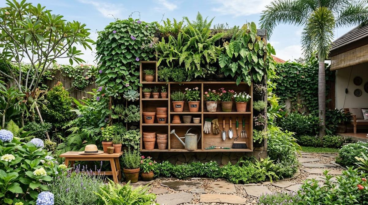 Ide Tempat Penyimpanan Pot dan Alat Berkebun yang Menyatu dengan Taman/AI Generated