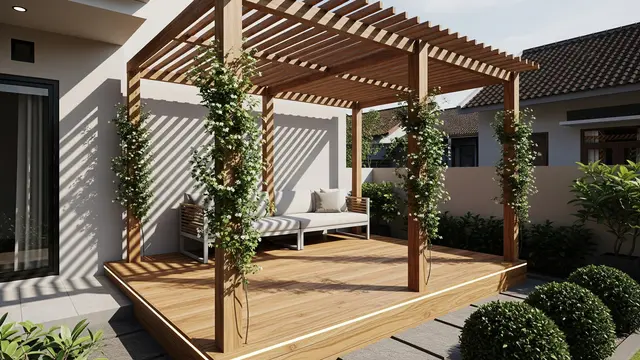 Ide Gazebo Minimalis Belakang Rumah 2026 Model Dek Kayu dengan Pergola Terbuka