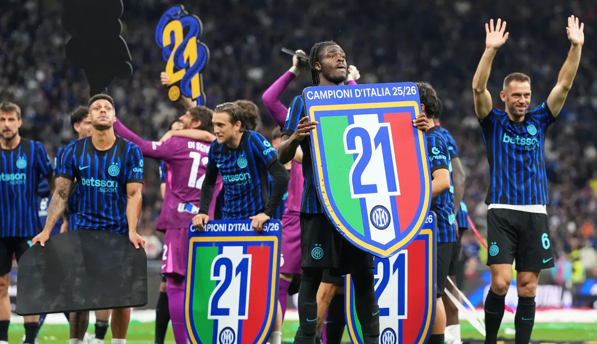 Inter Milan mengunci gelar juara Liga Italia 2025/2026 pada laga pekan ke-35, Minggu (03/05/2026). (AP Photo/Luca Bruno)