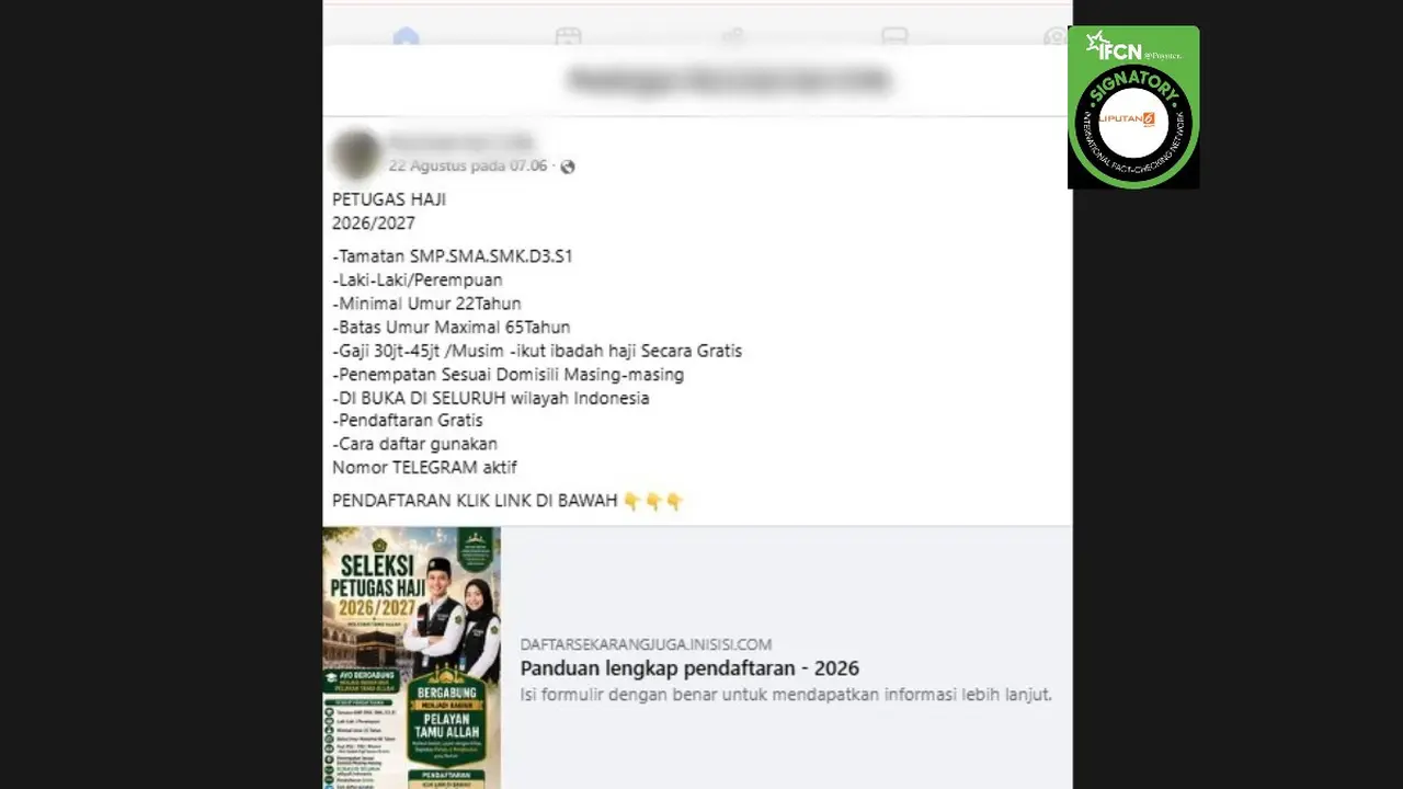 Cek Fakta Liputan6.com mendapati klaim link pendaftaran petugas haji 2026/2027