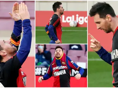 Lionel Messi tampak berkaca-kaca menahan tangis saat melakukan selebrasi emosional sebagai tribut untuk mendiang Diego Maradona. Messi mengenakan jersey Newell's Old Boys dengan nomor punggung 10 yang pernah dikenakan Maradona.