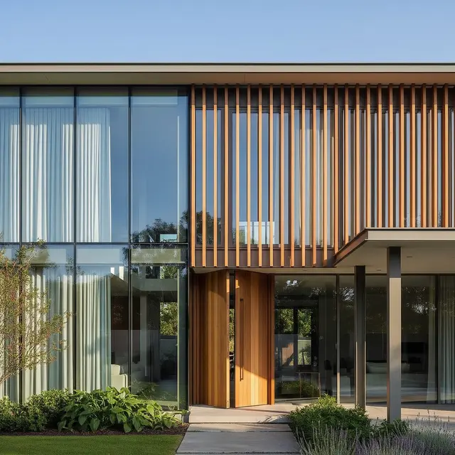 Gambar Rumah Minimalis Tampak Depan dengan Aksen Kaca Modern yang Terlihat Mewah (Image by Gemini AI)