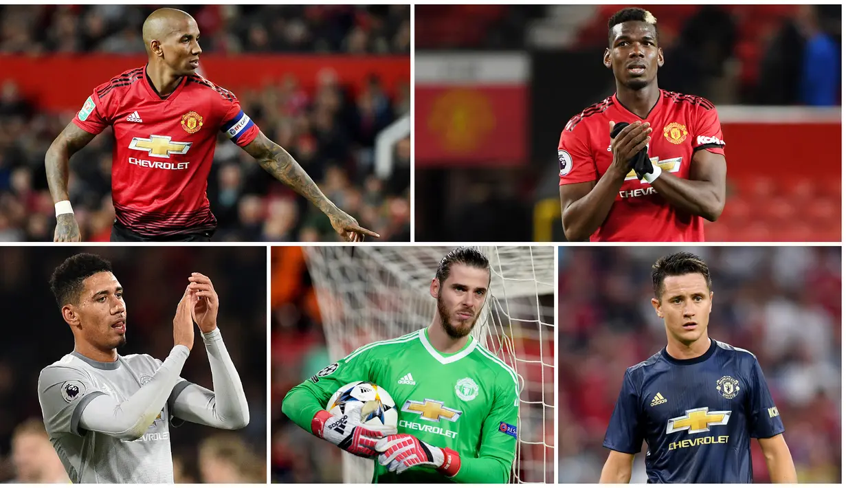 Paul Pogba dan Ashley Young menjadi kandidat kuat untuk menjadi kapten Manchester United. Berikut 5 nama pemain yang layak menyandang status pemimpin di skuat Setan Merah. (Foto Kolase AFP)