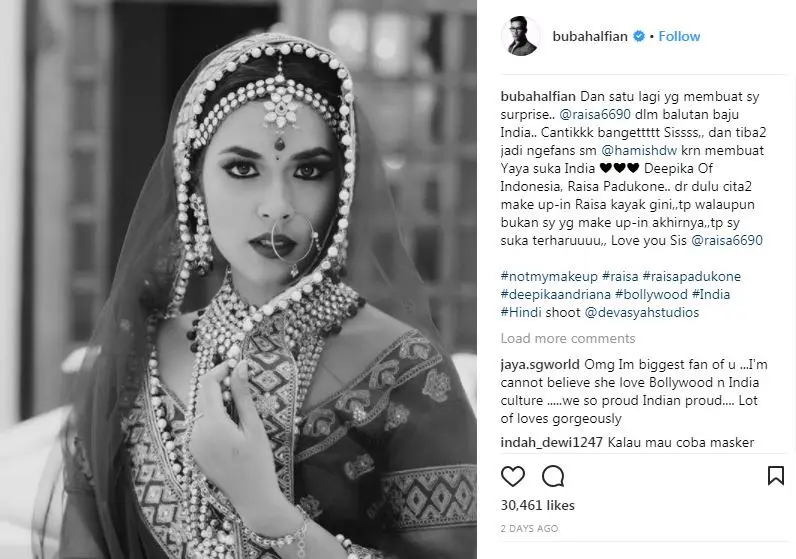 Bubah Alfian memuji kecantikan Raisa saat mengenakab baju India (Instagram/@bubahalfian)