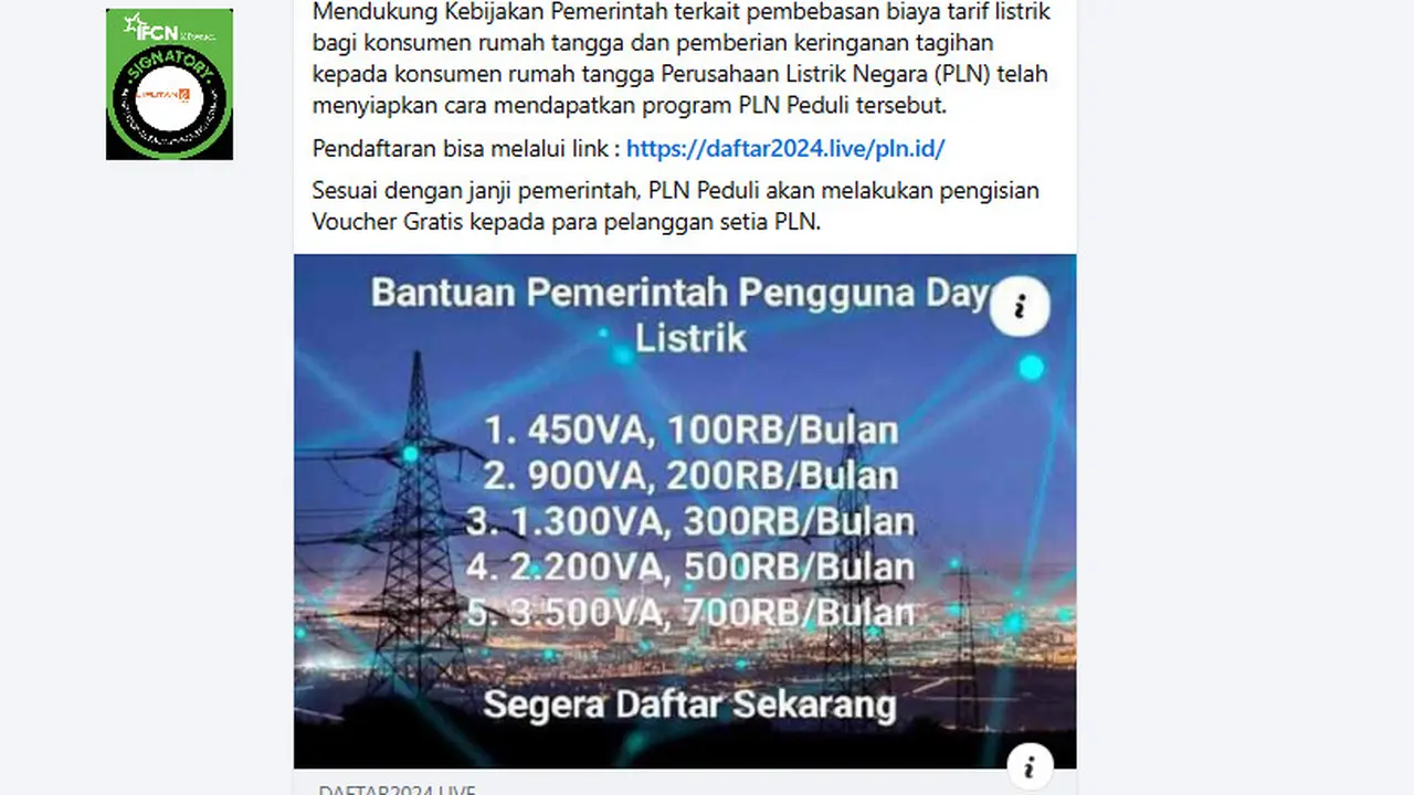 Tangkapan layar klaim PLN mengisi voucer listrik gratis untuk yang mendaftar program pelanggan setia