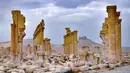 Kondisi Kastil Fakhr-al-Din al-Ma'ani (belakang) yang dikenal sebagai benteng Palmyra terlihat di atas reruntuhan kota kuno Palmyra di Suriah tengah, 3 Maret 2017. (Photo by STRINGER/AFP)