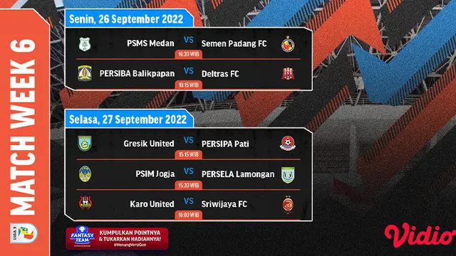 Jadwal dan Live Streaming Liga 2 2022/2023 Pekan Keenam di Vidio, 26&27 September 2022