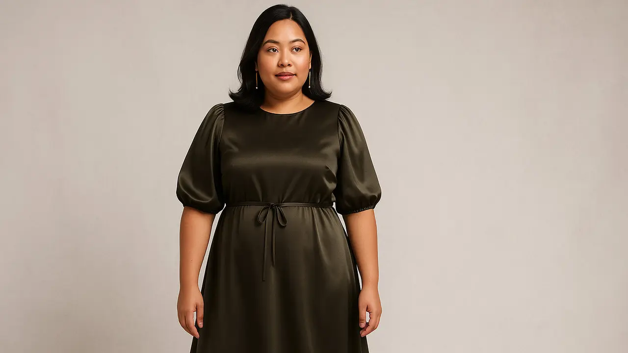 Model Baju Dress Modern Bahan Satin untuk Orang Gemuk (Foto: ChatGPT)