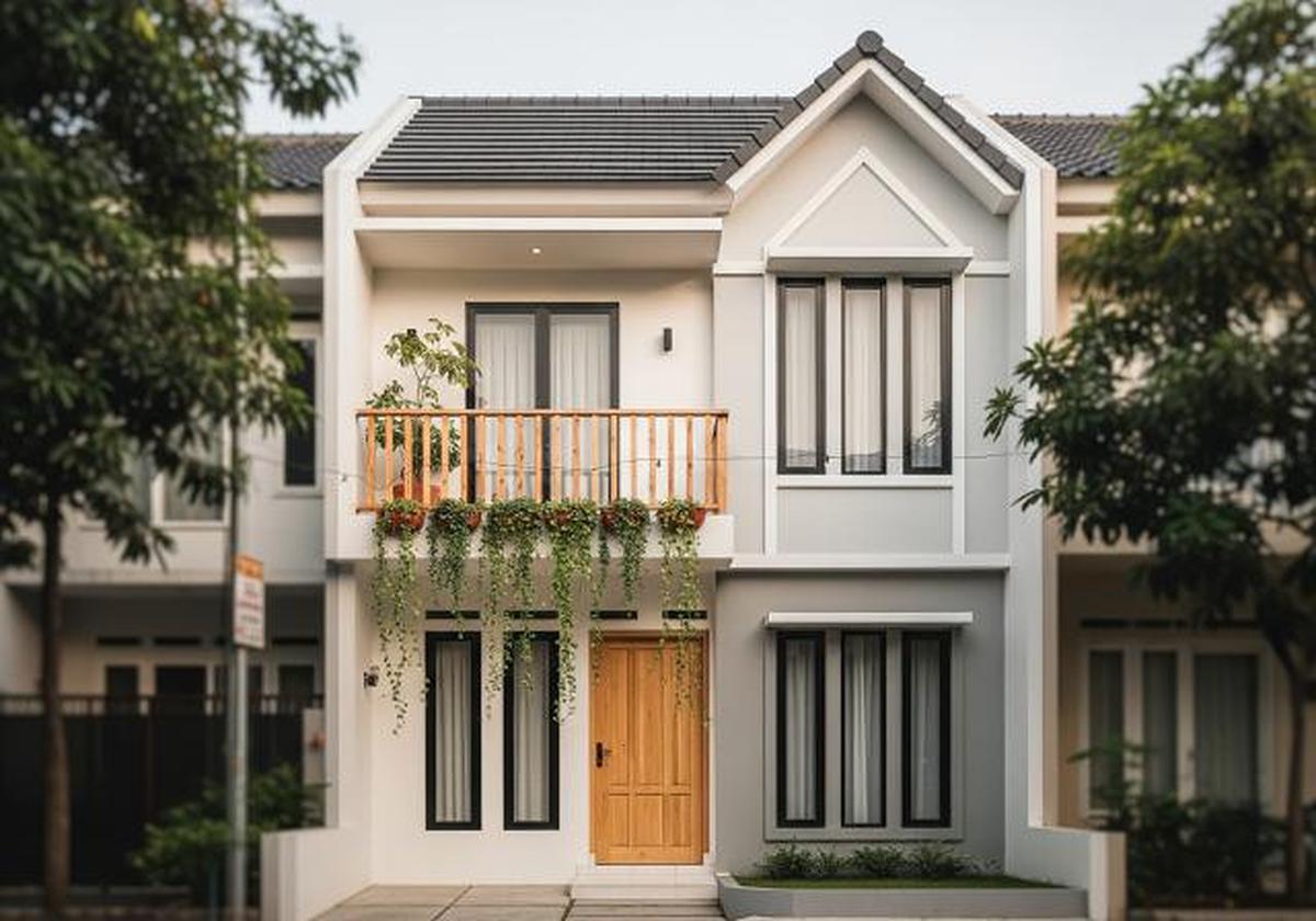 Rumah Mungil Bergaya Skandinavian dengan Balkon Kayu/Desain Tampak Depan Rumah Mungil dengan Balkon Mini (Sumber: gemini.com)