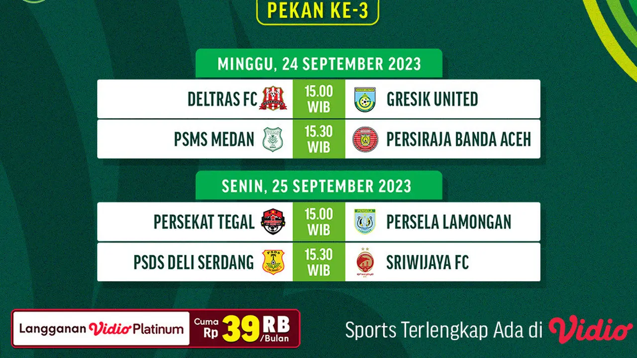 Link Live Streaming Pegadaian Liga 2 2023/2024 Pekan Kedua di Vidio, 16-18 September 2023