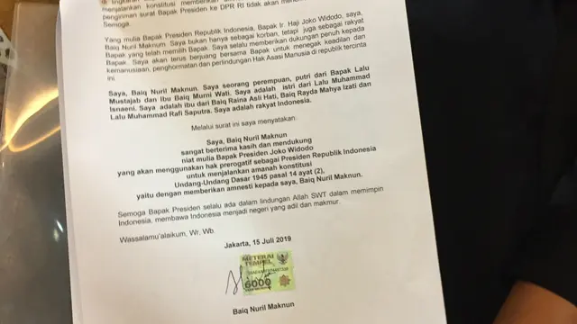 Surat terpidana kasus ITE Baiq Nuril kepada Presiden Joko Widodo atau Jokowi, Senin (15/7/2019).